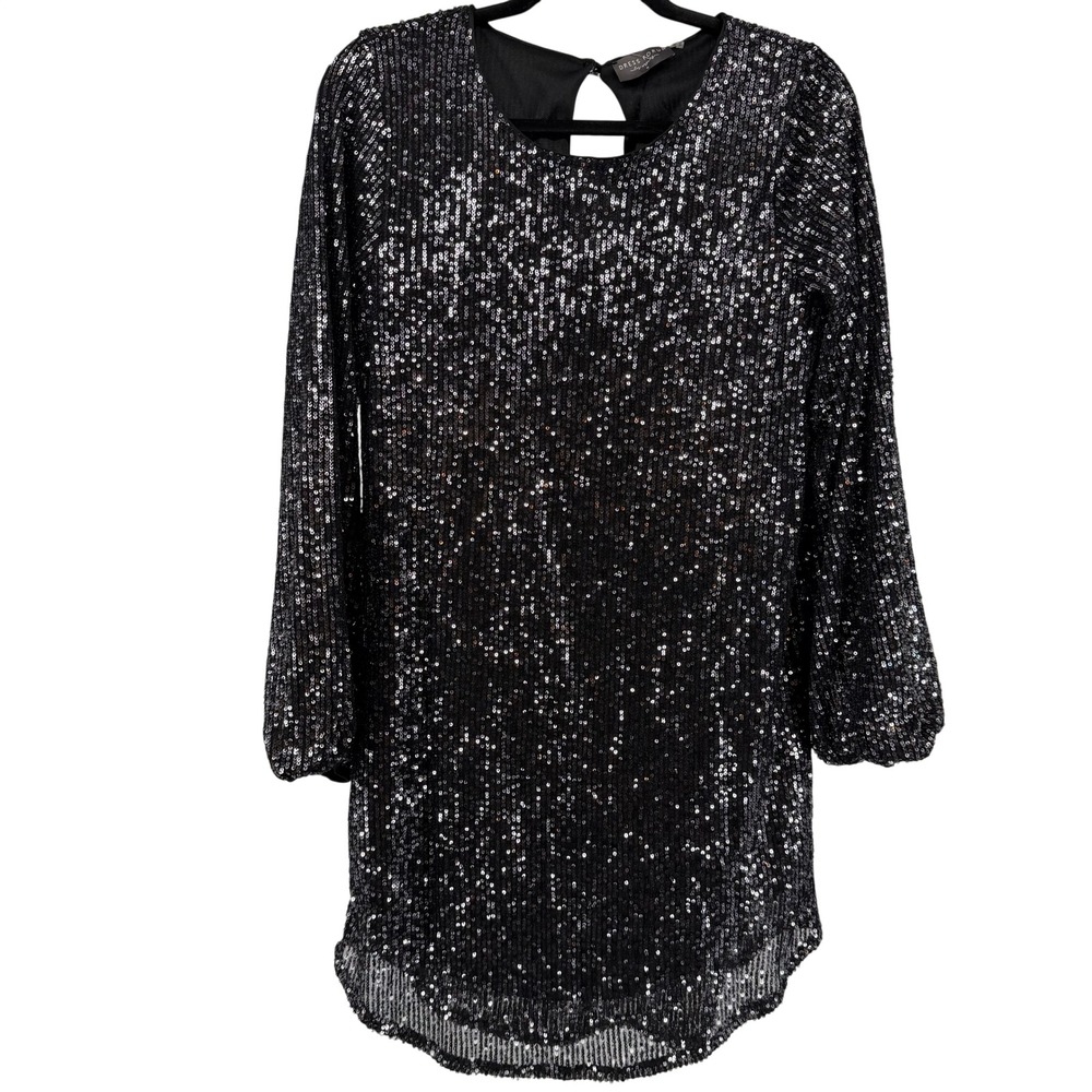 NWT‎ Dress Forum Raven Black Sequin Long Sleeve Keyhole Back Mini Dress Small